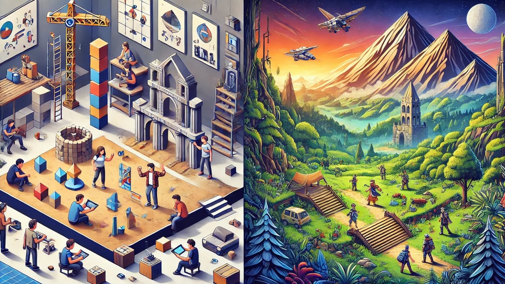 jogadores construindo em ambientes de sandbox e explorando paisagens ricas e abertas.