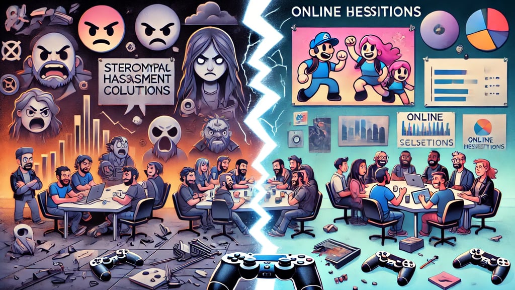 à esquerda, uma cena sombria com personagens estereotipados e símbolos de assédio online