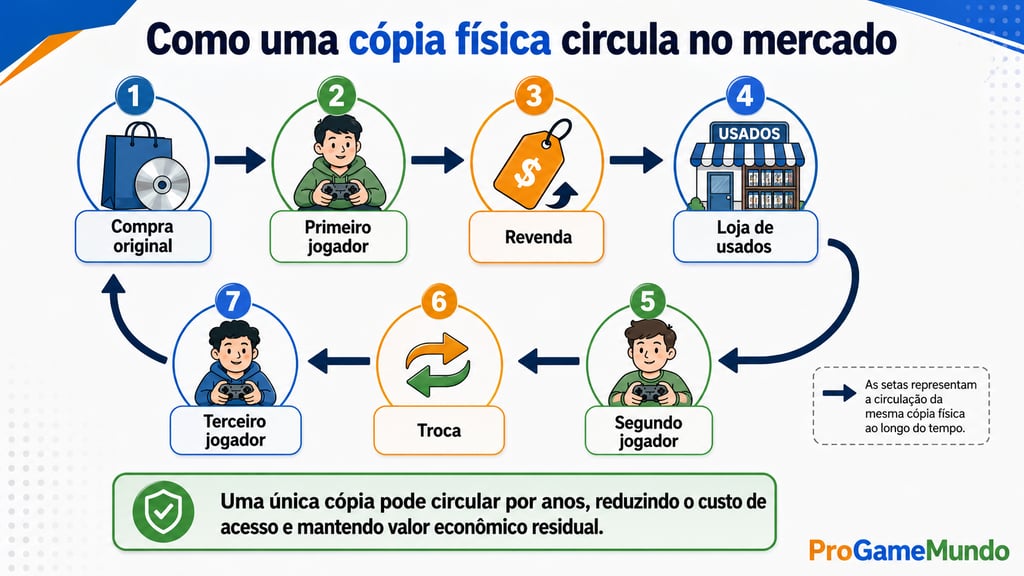 Ciclo de uma cópia física entre jogadores, revenda, loja de usados e troca.