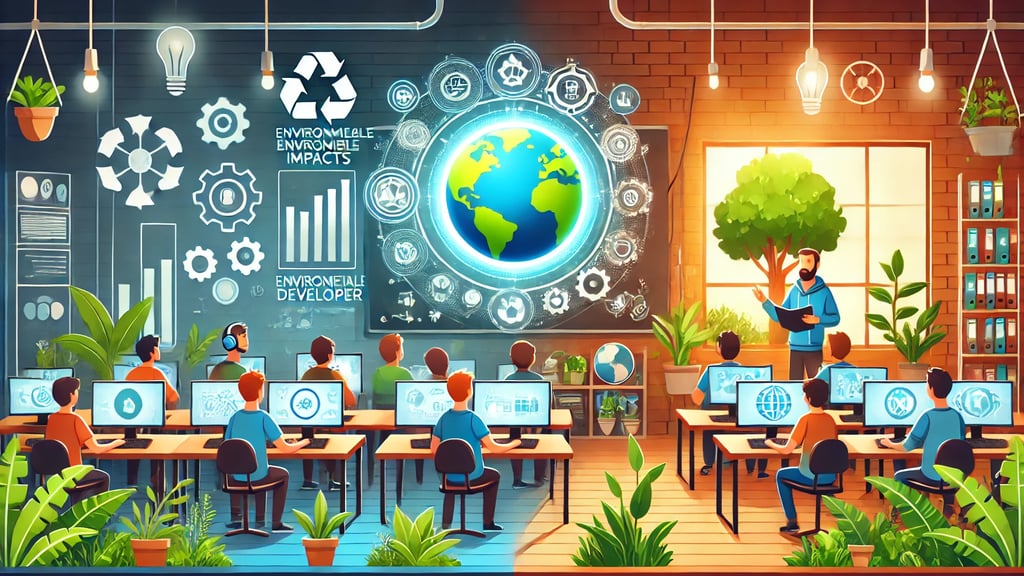 Gamers em aula e desenvolvedores em estúdio verde unidos por um ícone da Terra