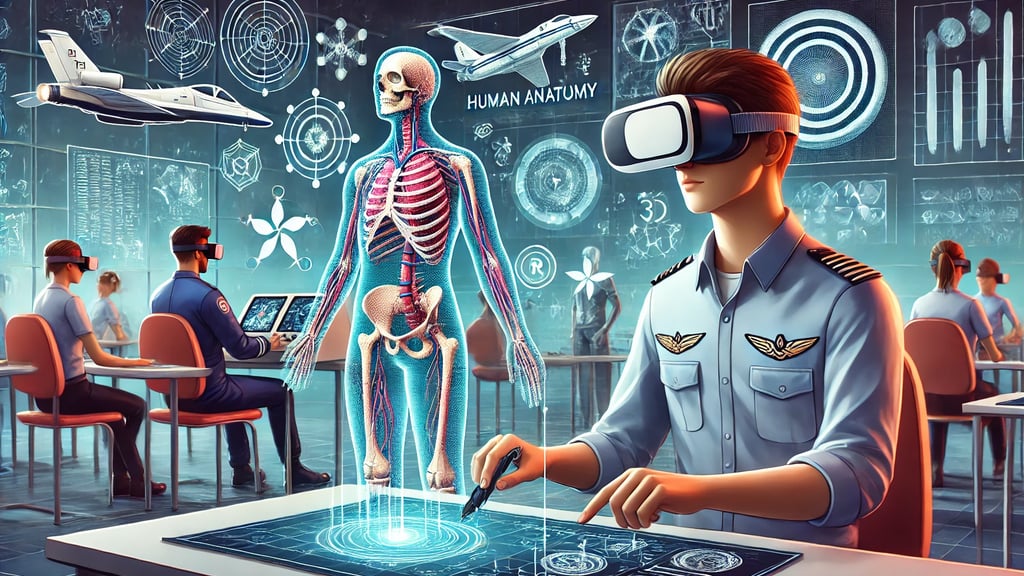 Estudante explorando anatomia em 3D com RV e um piloto treinando em um simulador de voo