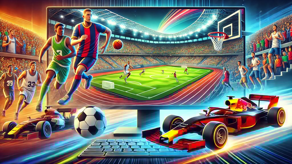 partida de futebol, um jogo de basquete e uma corrida de carros, destacando o gênero esportivo