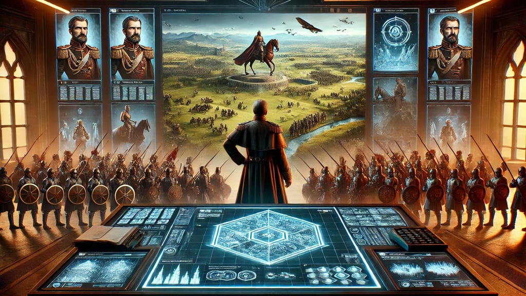 general em um campo de batalha, com exércitos em combate ao fundo e mapas estratégicos na mesa