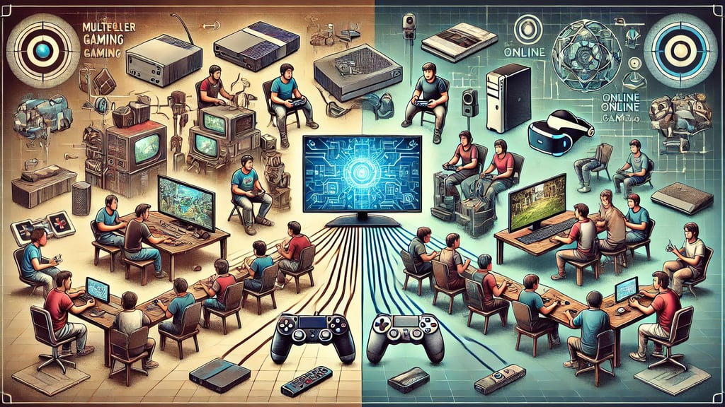 Representação da evolução dos jogos multiplayer, desde LAN parties até VR e hologramas.