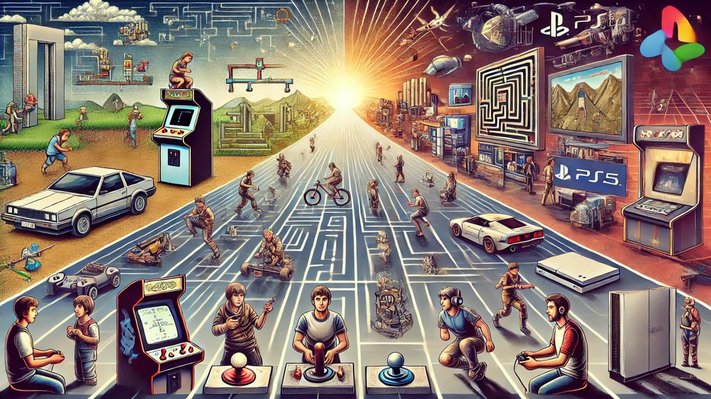 arcades retrô até consoles modernos, com jogadores representando diferentes épocas.