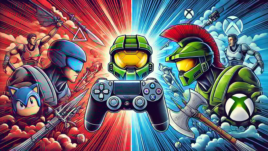 Ilustração realista de controles do PS5 e Xbox Series X se fundindo com um fundo digital futurista