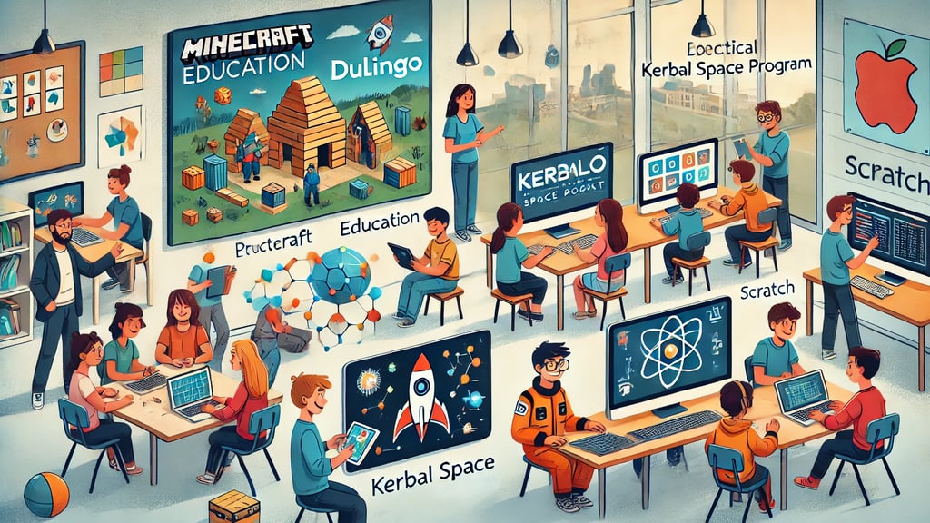 Estudantes engajados em atividades educacionais usando Minecraft Education , Duolingo.
