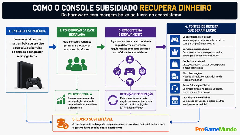 Fluxograma mostra como consoles subsidiados geram receita no ecossistema gamer.