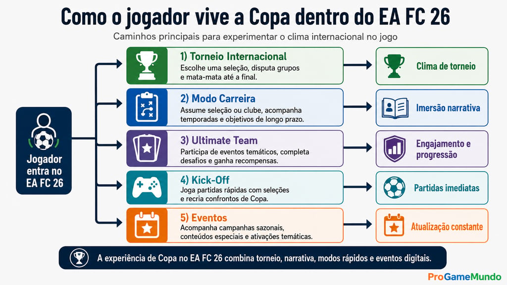 Fluxograma dos modos para viver a Copa em EA Sports FC 26