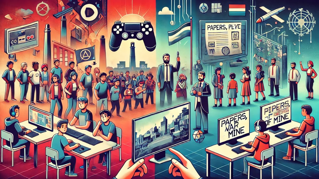 comunidades, protestos sociais inspirados em jogos e uma sala de aula moderna, destacando o impacto
