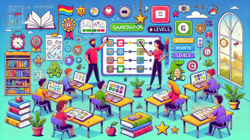 Sala de aula gamificada com alunos ganhando recompensas digitais, como emblemas e pontos