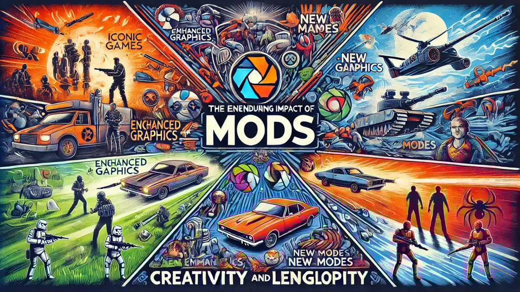 impacto do modding em jogos, com elementos representando melhorias gráficas, novos modos de jogo 
