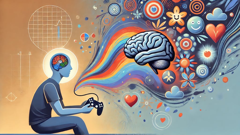 Representação de um jogador com elementos visuais que mostram os impactos positivos e negativos