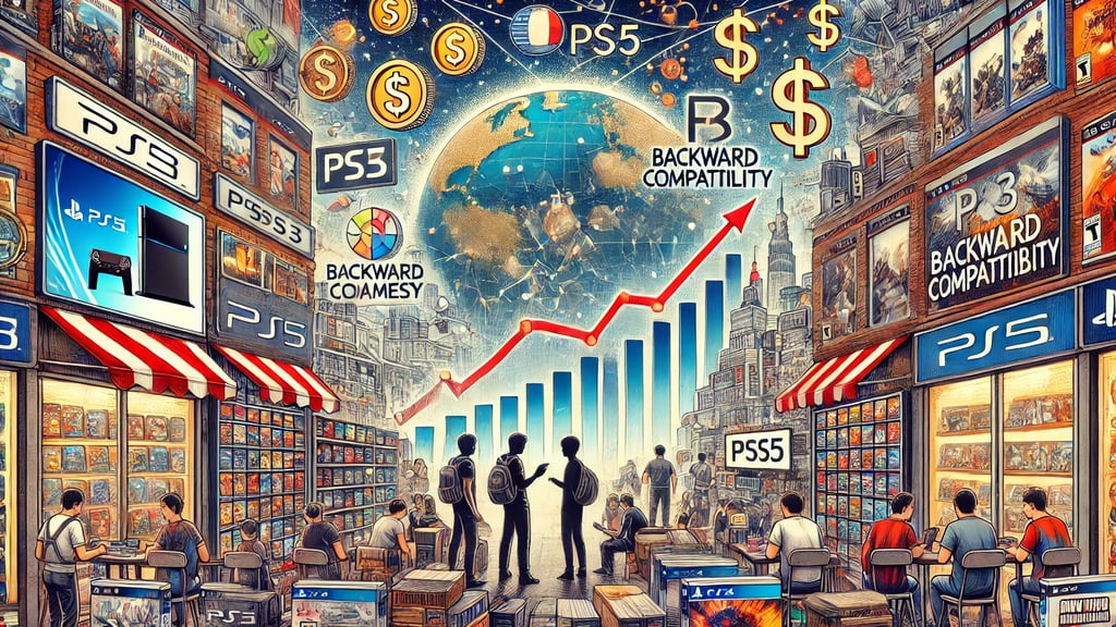Mercado de jogos com prateleiras de PS3, gráficos de crescimento e elementos globais simbolizando