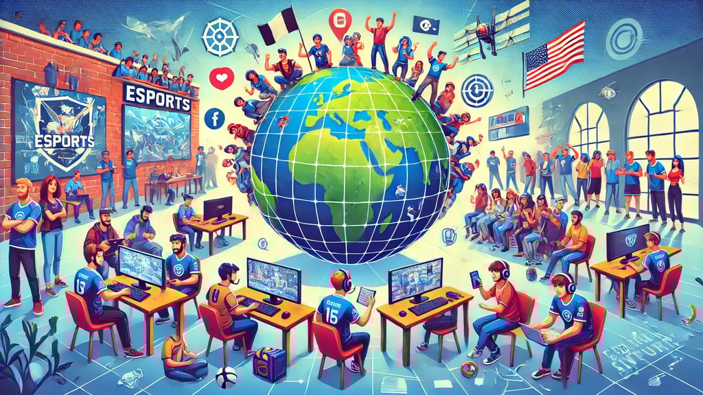 Cena mostrando jogadores e fãs de eSports conectados ao redor do mundo, com destaque para interações