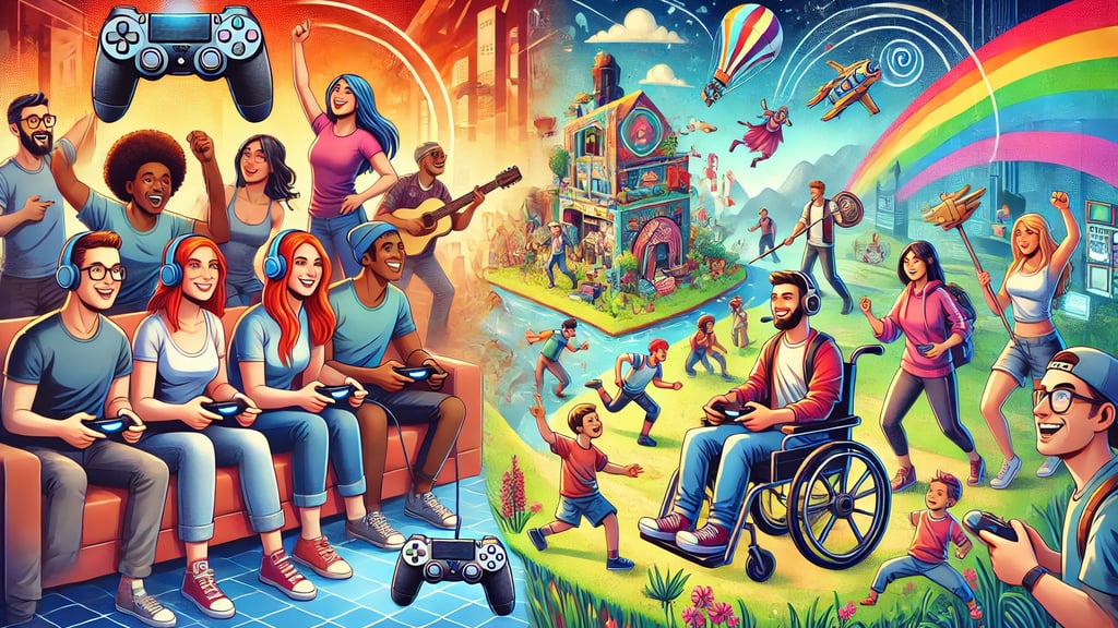 à esquerda, jogadores diversos interagindo com consoles, incluindo pessoas de diferentes etnias