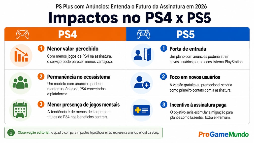 Quadro compara impactos de uma possível PS Plus com anúncios no PS4 e PS5.