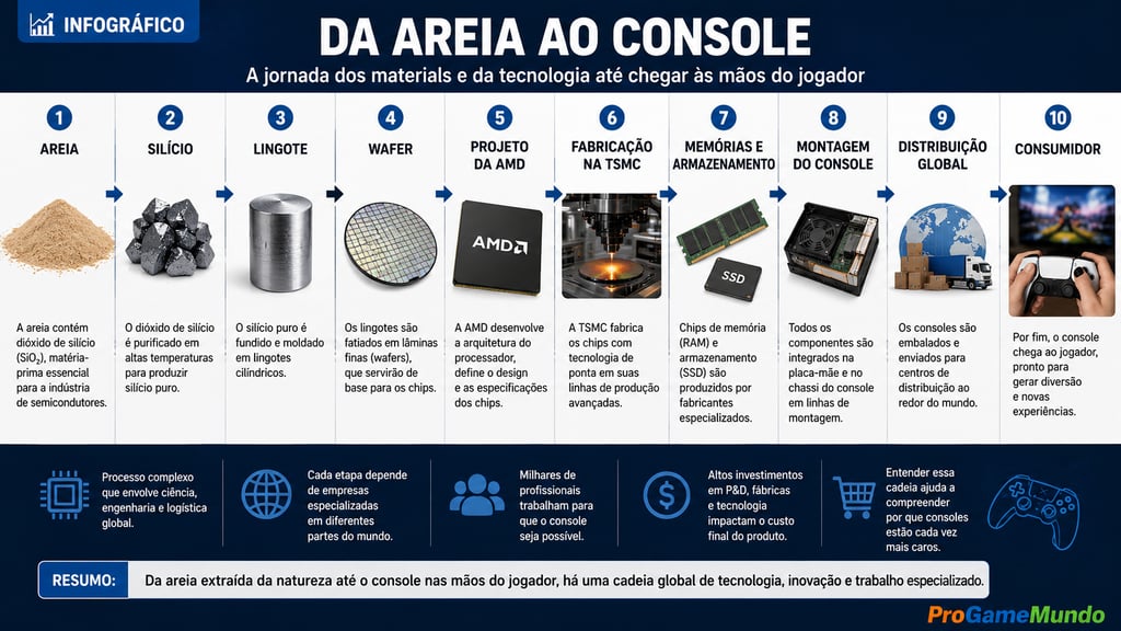 Infográfico mostra a cadeia produtiva da areia ao console de videogame
