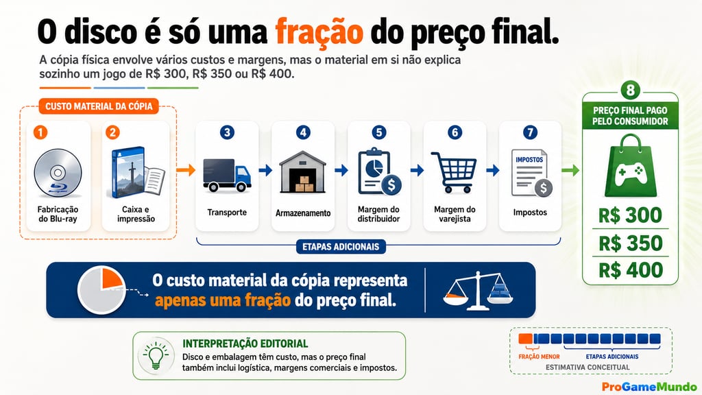 Cadeia de custos de um jogo físico até preços finais de R$ 300 a R$ 400.