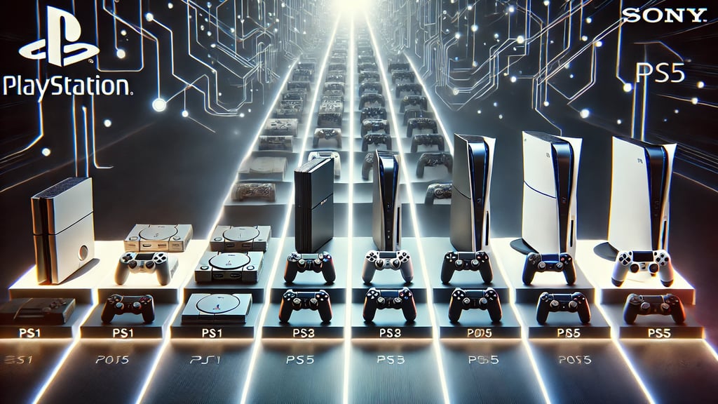 Uma linha do tempo ilustrativa mostrando os consoles PlayStation do PS1 ao PS5, com cada console