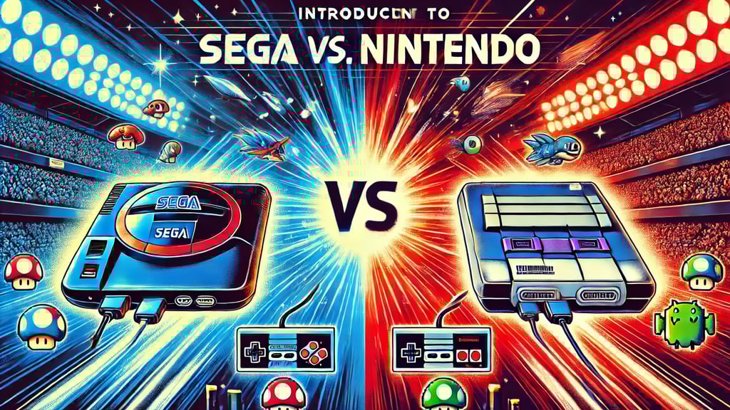 Sega Genesis e o Super Nintendo, com um estádio ao fundo simbolizando a rivalidade cultural
