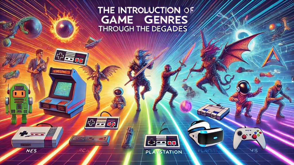 evolução dos jogos desde os anos 1970 até o futuro, com dispositivos icônicos e personagens