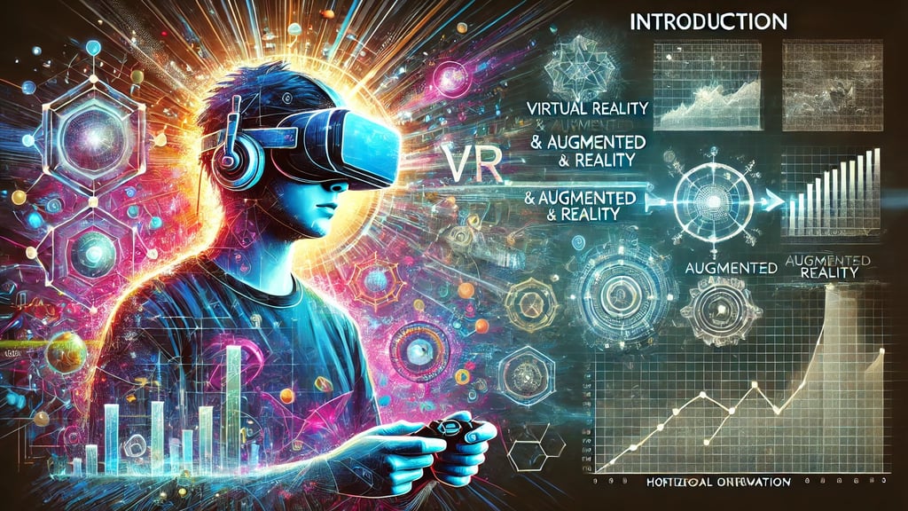 Jogador com óculos VR em um ambiente holográfico de AR, com gráficos e linhas do tempo flutuantes