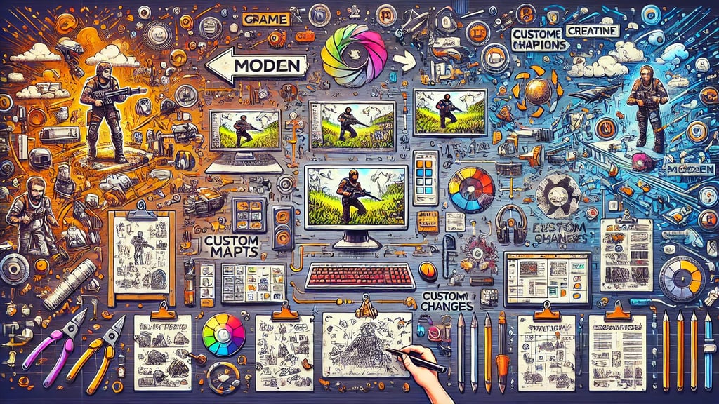 processo de modding em jogos, com ferramentas digitais, sketches, e uma tela dividida