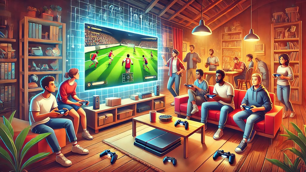 Um grupo de amigos jogando videogame em uma sala de estar aconchegante