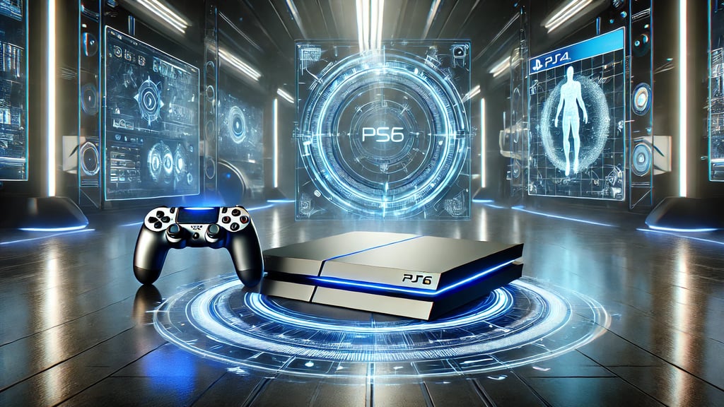 Console PS6 futurista em um ambiente de jogo de alta tecnologia, com hologramas e uma tela virtual