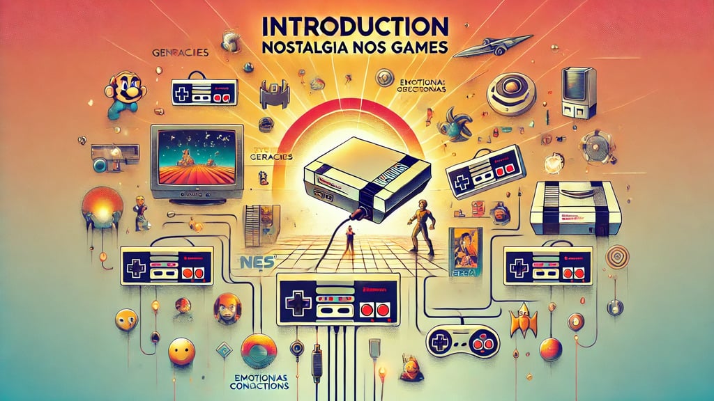 consoles clássicos como NES e Sega Genesis ao lado de elementos modernos de jogos, com personagens