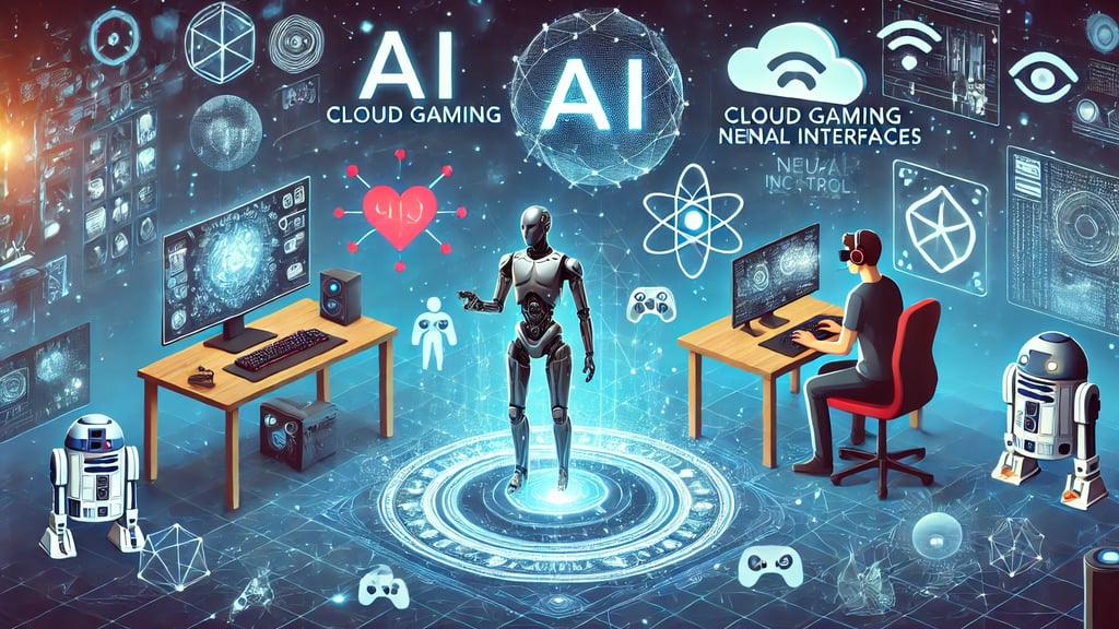 um robô humanoide e ícones de jogos na nuvem, representando inovações nos gêneros