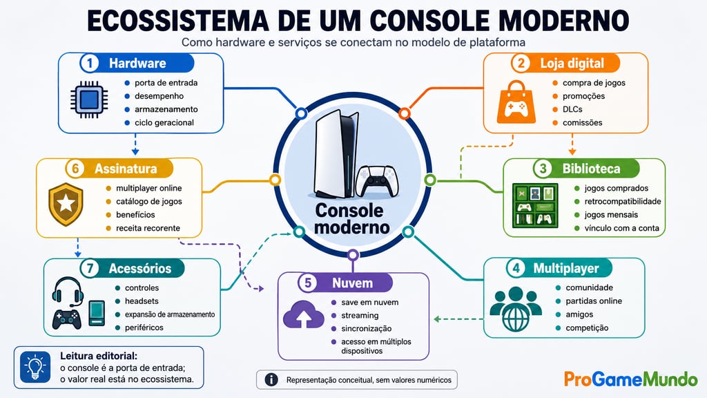 Mapa mental mostra hardware, loja, assinatura e nuvem em console moderno.