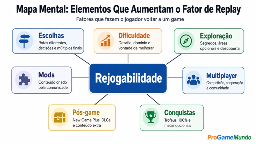 Mapa mental com elementos que aumentam a rejogabilidade nos games