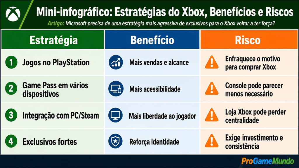 Tabela com estratégias do Xbox, benefícios e riscos para a plataforma.