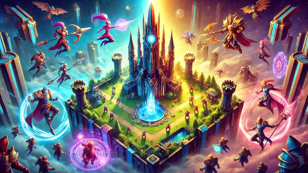 batalha em uma arena MOBA, com heróis luta, torres e habilidades mágicas, simbolizando o gênero