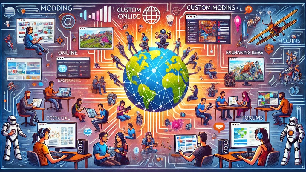 jogadores de diferentes origens colaborando em projetos de modding. O cenário inclui ferramentas