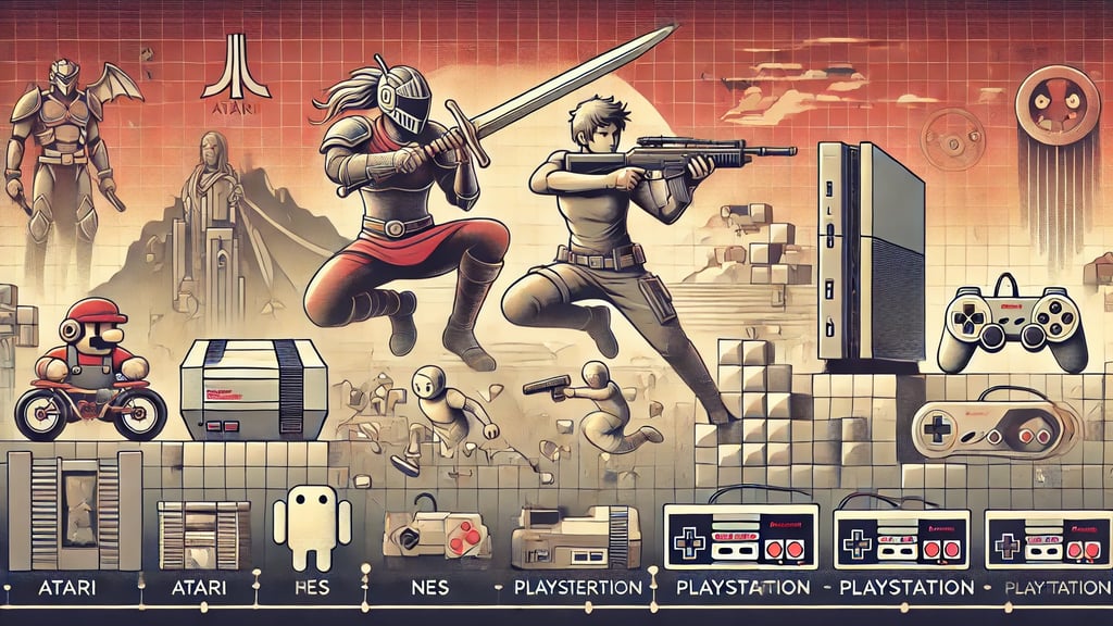 Montagem horizontal com guerreiros de RPG, personagens de plataforma e jogadores de FPS com uma linh