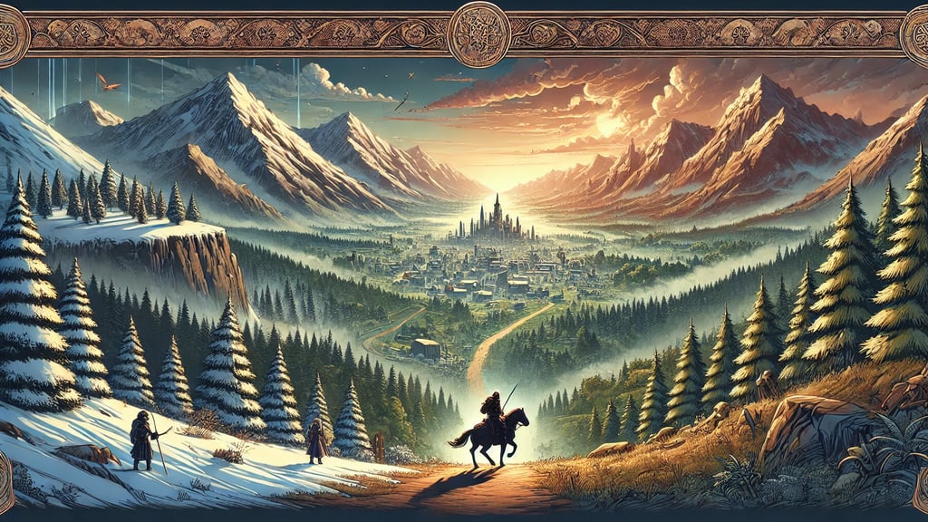aventureiro cavalgando em um vasto mundo com montanhas, florestas e uma cidade medieval