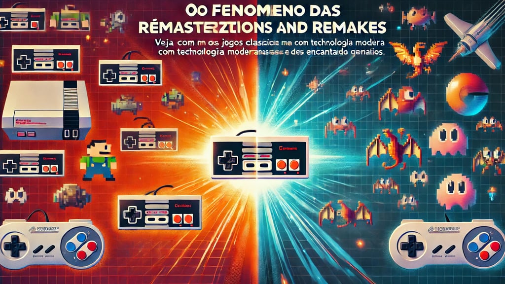 jogos clássicos em pixels evoluindo para versões modernas remasterizadas, com controles e um brilho