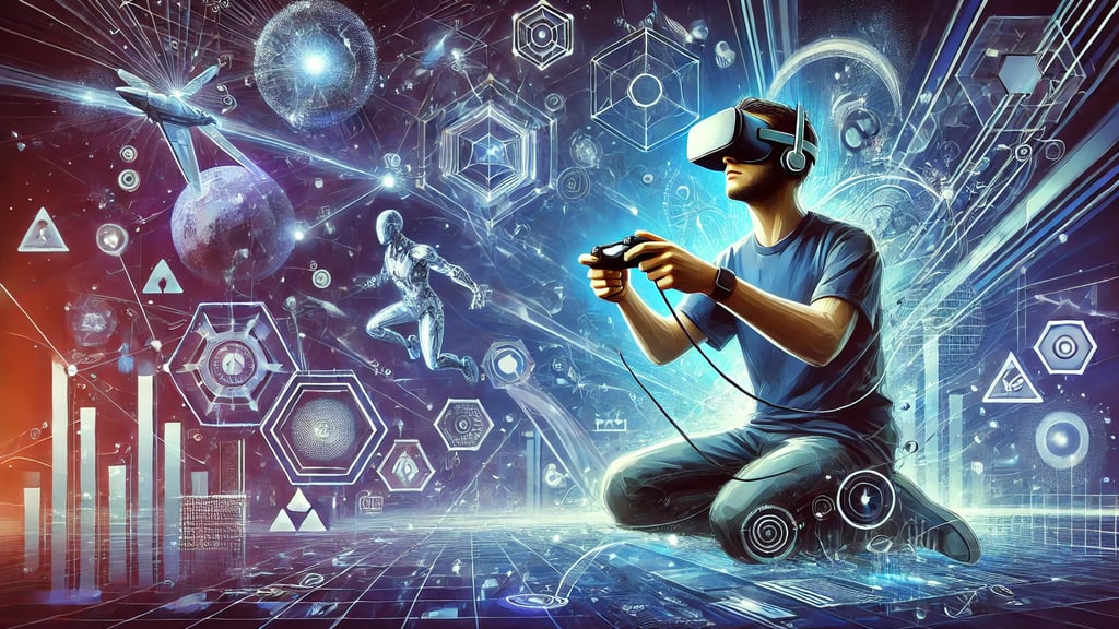 Representação de um jogador usando VR em um ambiente futurista com elementos de IA