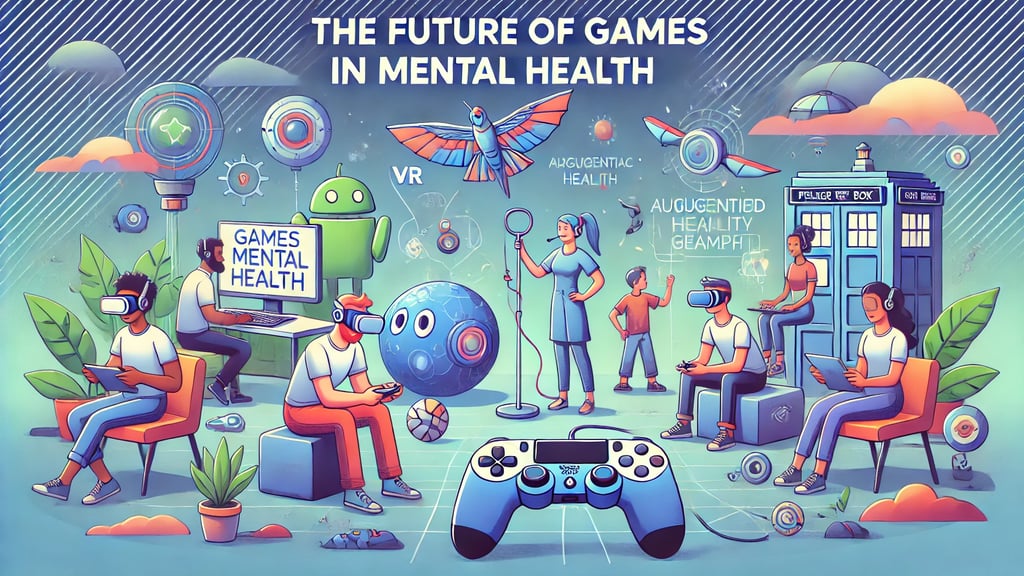 Cenário futurista com pessoas usando tecnologias como realidade virtual e aumentada em terapias