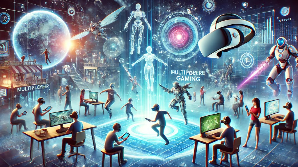 Representação futurista de jogos multiplayer com VR, hologramas e ambientes do metaverso.