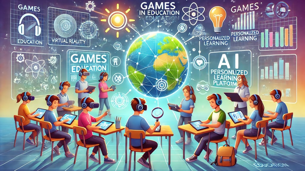 Cenário futurístico com estudantes utilizando VR, AR e IA para aprendizado personalizado.