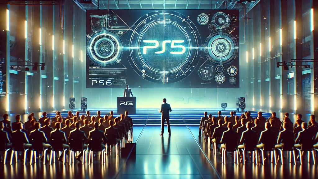 Apresentação do PS6 em um evento tecnológico com um orador em frente a um telão exibindo o logotipo 