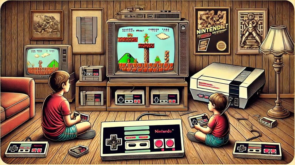 Cena nostálgica de uma sala dos anos 1980 com um Nintendo Entertainment System e uma criança jogando