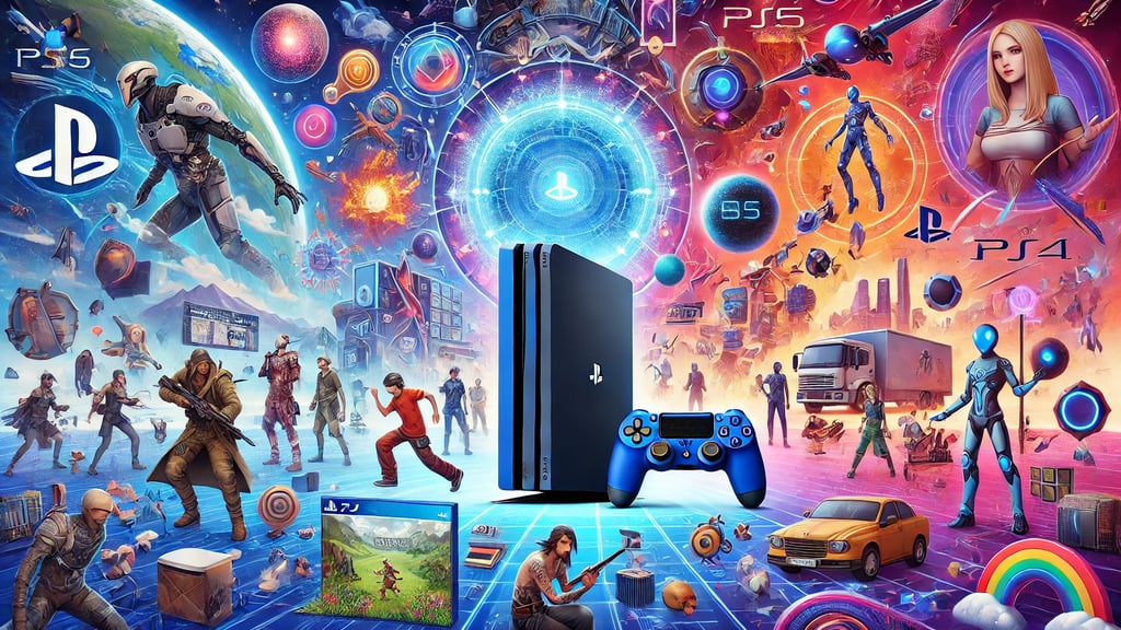 Console PS6 cercado por mundos virtuais, personagens de jogos variados e portais do metaverso