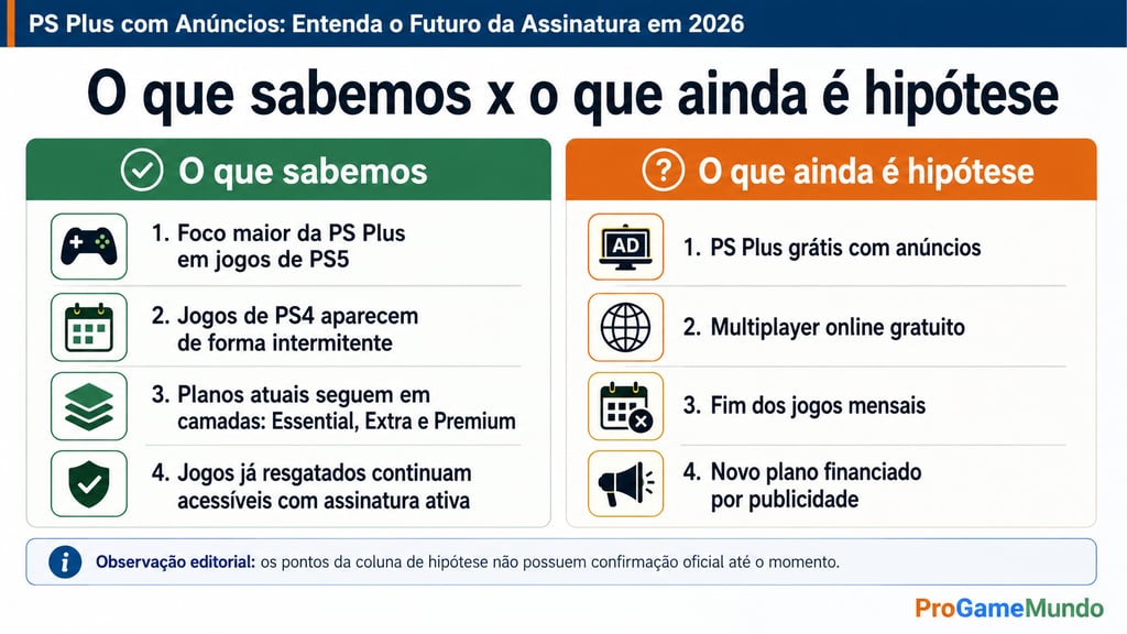 Card compara fatos confirmados e hipóteses sobre a PS Plus em 2026.