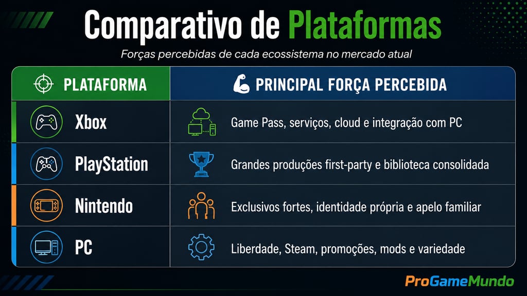 Tabela comparando Xbox, PlayStation, Nintendo e PC por força percebida.
