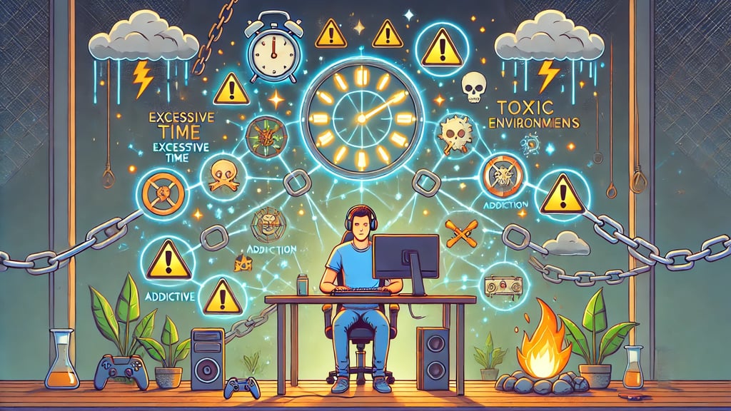 Pessoa em uma mesa de jogos cercada por ícones de alerta, como relógios, correntes e nuvens